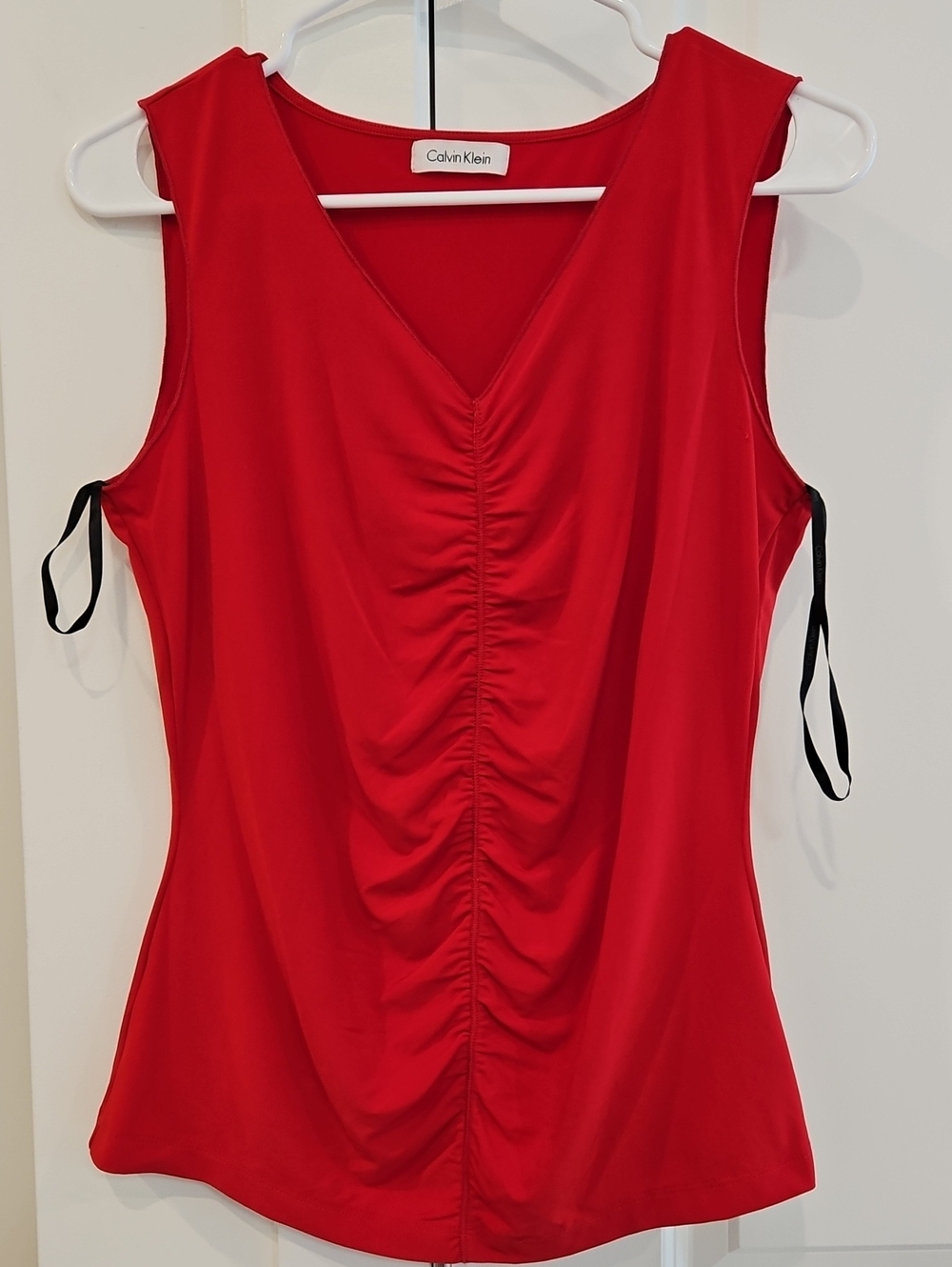 Calvin Klein Red V-Neck Ruched Tank with Side Ties